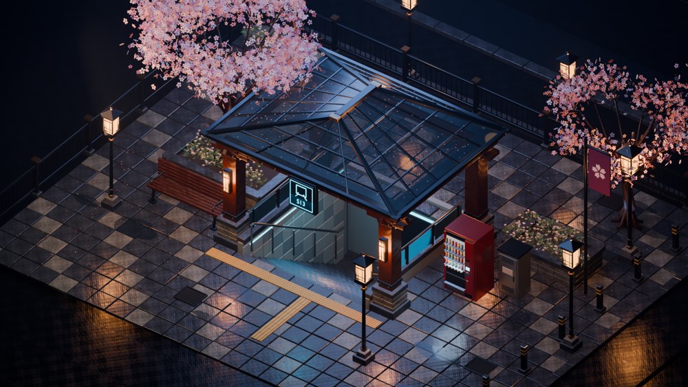 Sakura-13 · Stationseingang bei Nachtregen